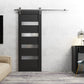 Quadro 4113 Matte Black Barn Door with Frosted Opaque Glass and Silver Rail