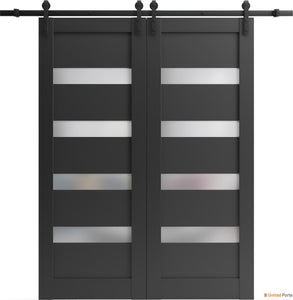 Quadro 4113 Matte Black Double Barn Door with Frosted Opaque Glass and Black Rail