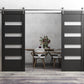 Quadro 4113 Matte Black Double Barn Door with Frosted Opaque Glass and Silver Rail