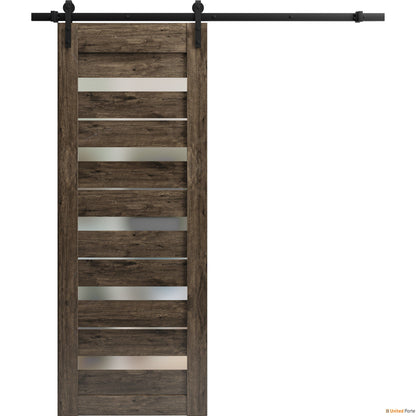Quadro 4445 Cognac Oak Barn Door with Frosted Glass and Black Rail