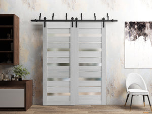 Quadro 4445 Light Grey Oak Double Barn Door with Frosted Glass and Black Bypass Rail