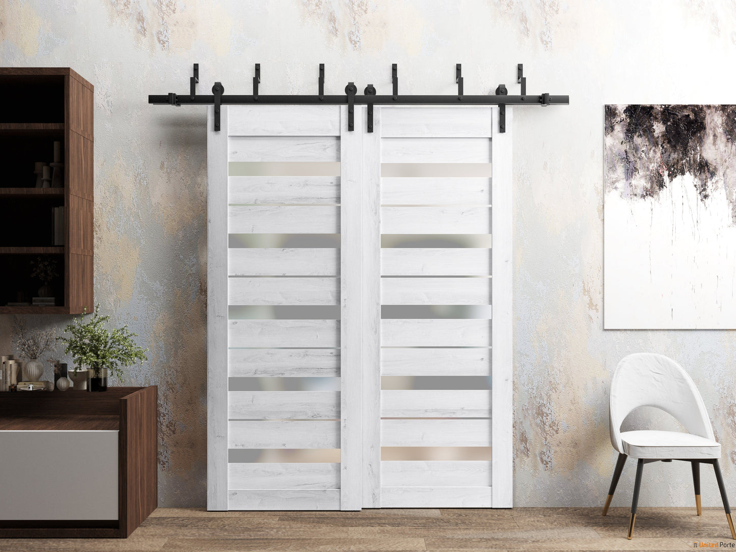 Quadro 4445 Nordic White Double Barn Door with Frosted Glass and Black Bypass Rail