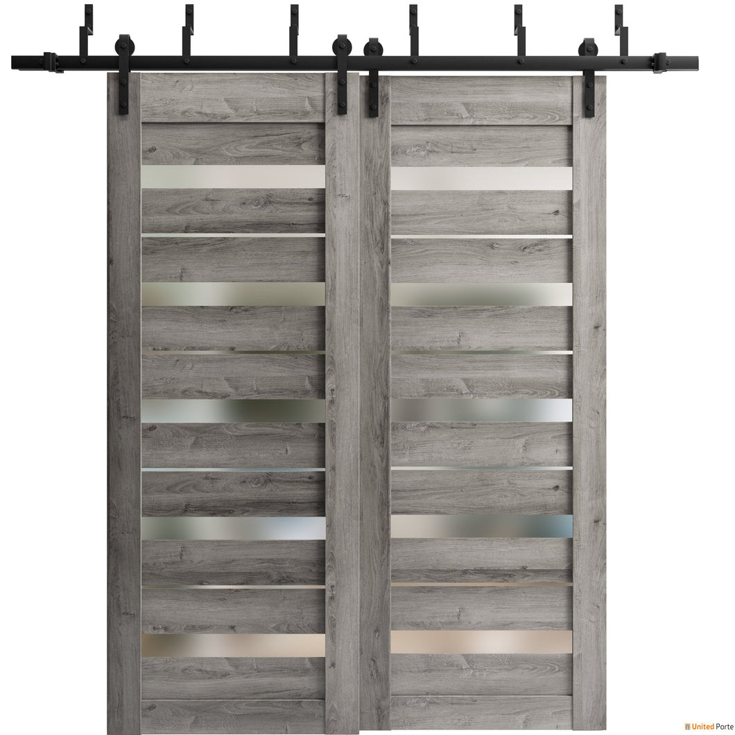 Quadro 4445 Nebraska Grey Double Barn Door with Frosted Glass and Black Bypass Rail