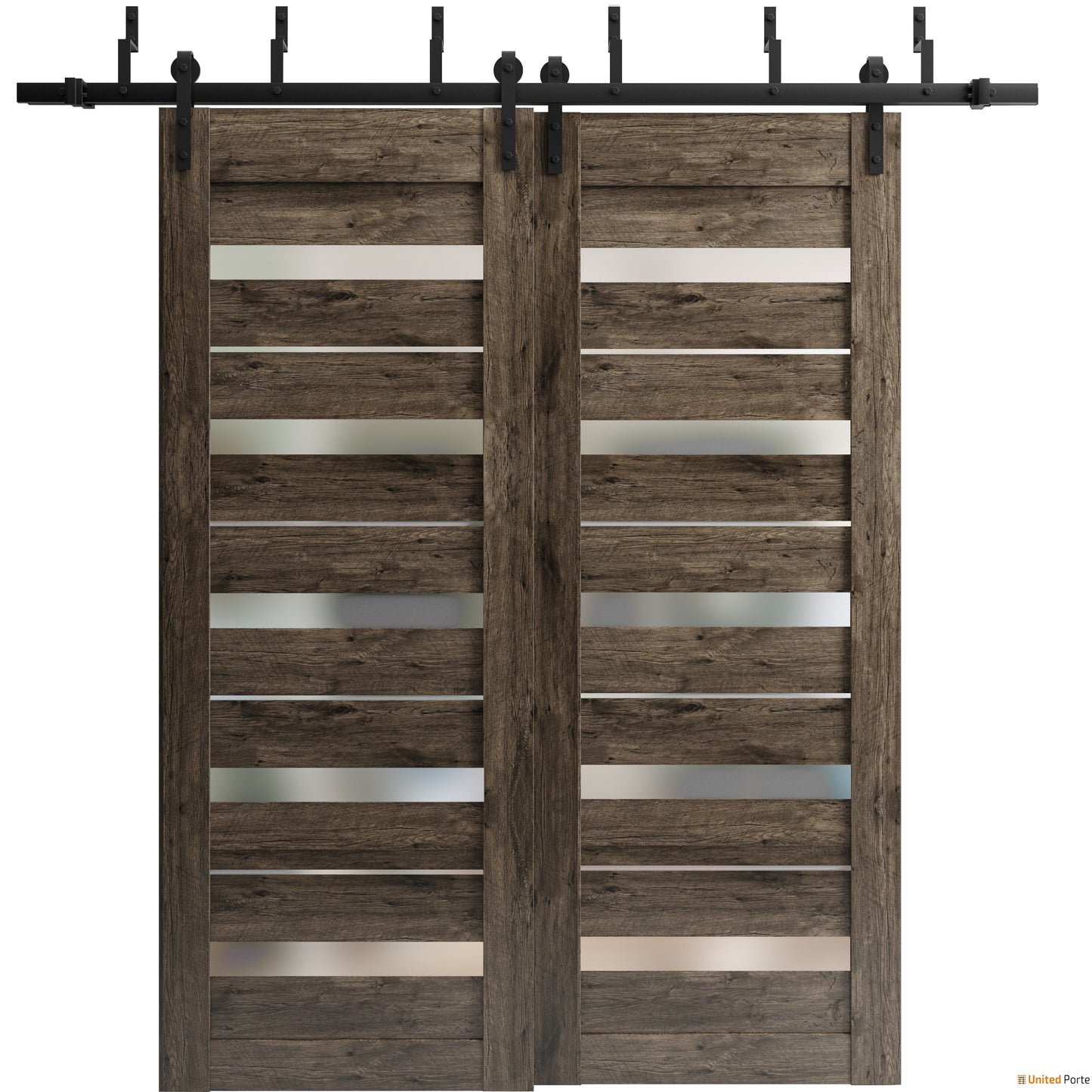 Quadro 4445 Cognac Oak Double Barn Door with Frosted Glass and Black Bypass Rail