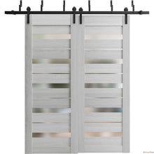 Load image into Gallery viewer, Quadro 4445 Light Grey Oak Double Barn Door with Frosted Glass and Black Bypass Rail