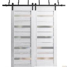 Load image into Gallery viewer, Quadro 4445 Nordic White Double Barn Door with Frosted Glass and Black Bypass Rail