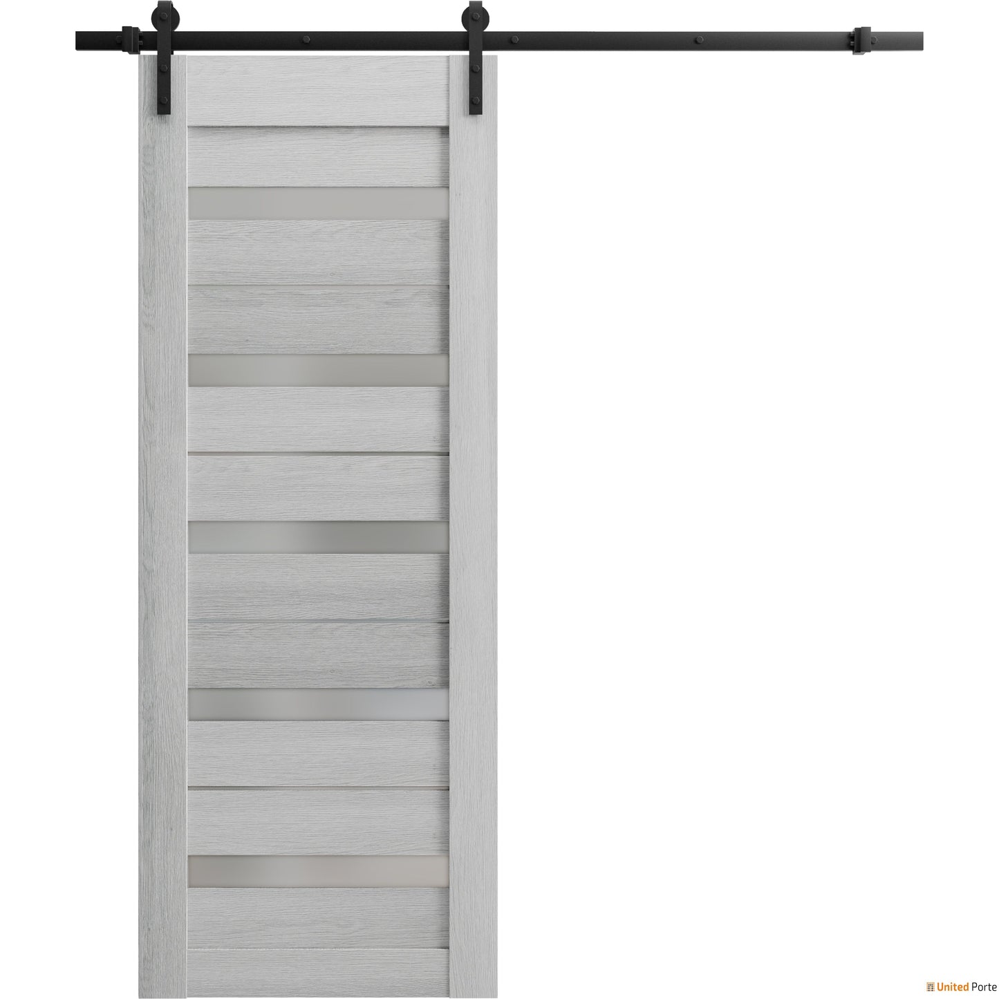 Quadro 4445 Light Grey Oak Barn Door with Frosted Glass and Black Rail