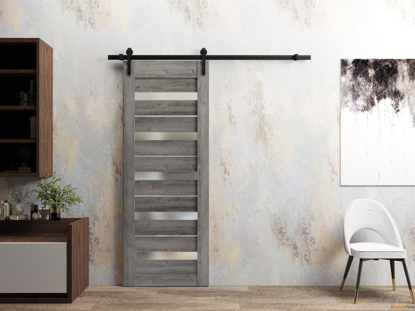 Quadro 4445 Nebraska Grey Barn Door with Frosted Glass and Black Rail