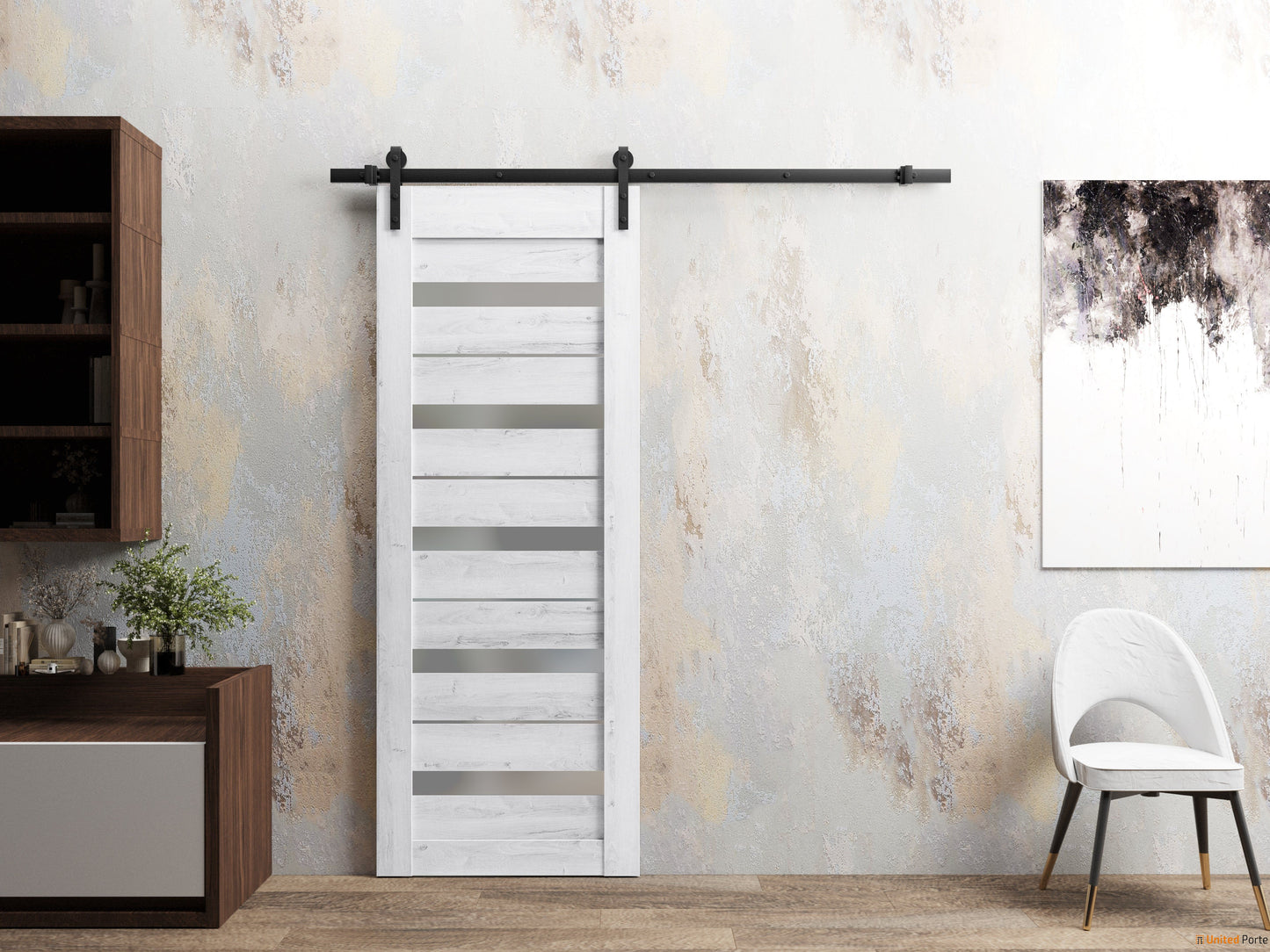 Quadro 4445 Nordic White Barn Door with Frosted Glass and Black Rail