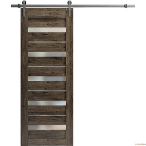 Quadro 4445 Cognac Oak Barn Door with Frosted Glass and Silver Rail