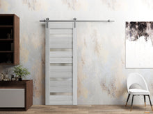Load image into Gallery viewer, Quadro 4445 Light Grey Oak Barn Door with Frosted Glass and Silver Rail