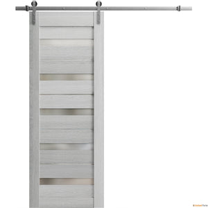 Quadro 4445 Light Grey Oak Barn Door with Frosted Glass and Silver Rail
