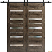 Load image into Gallery viewer, Quadro 4445 Cognac Oak Double Barn Door with Frosted Glass and Black Rail