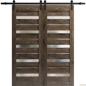 Quadro 4445 Cognac Oak Double Barn Door with Frosted Glass and Black Rail