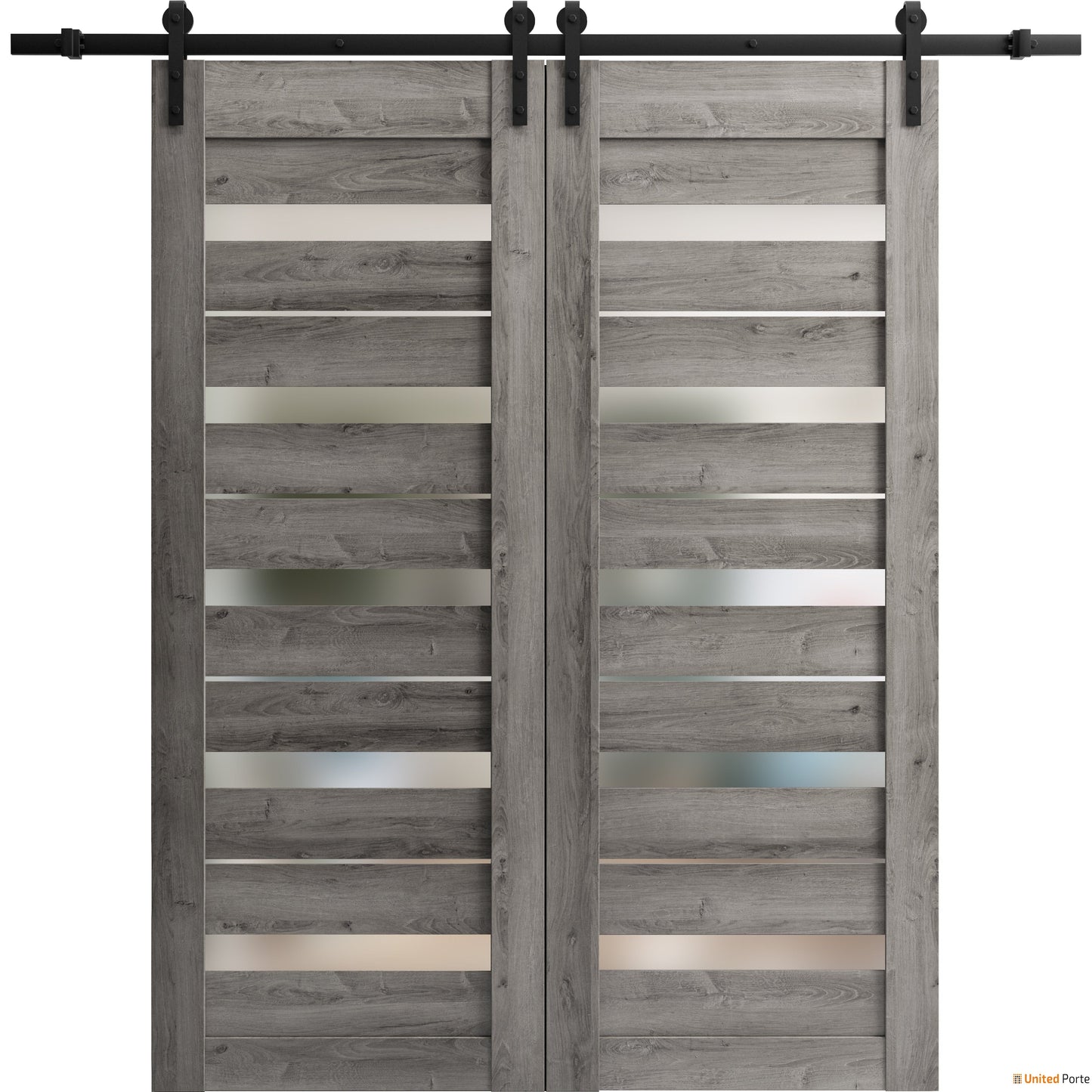 Quadro 4445 Nebraska Grey Double Barn Door with Frosted Glass and Black Rail