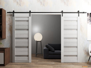 Quadro 4445 Light Grey Oak Double Barn Door with Frosted Glass and Black Rail