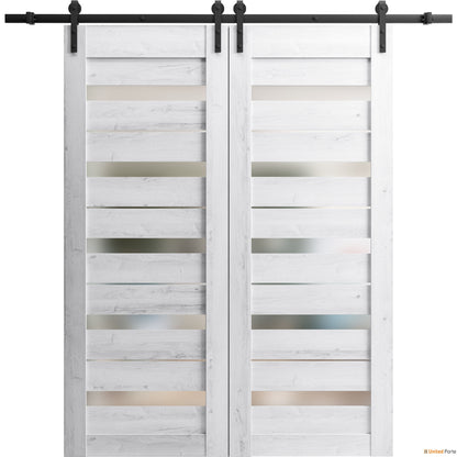 Quadro 4445 Nordic White Double Barn Door with Frosted Glass and Black Rail