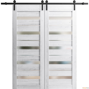 Quadro 4445 Nordic White Double Barn Door with Frosted Glass and Black Rail