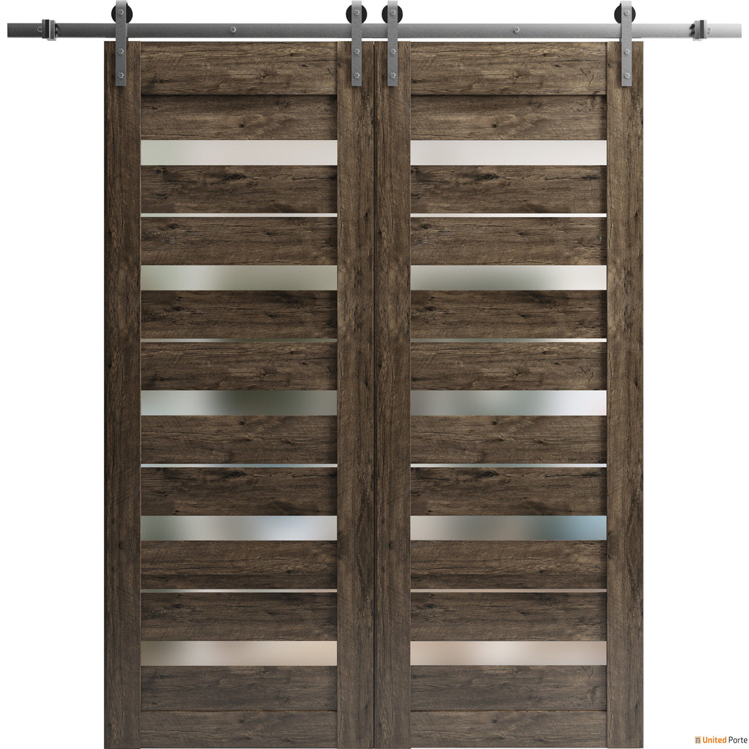 Quadro 4445 Cognac Oak Double Barn Door with Frosted Glass and Silver Rail
