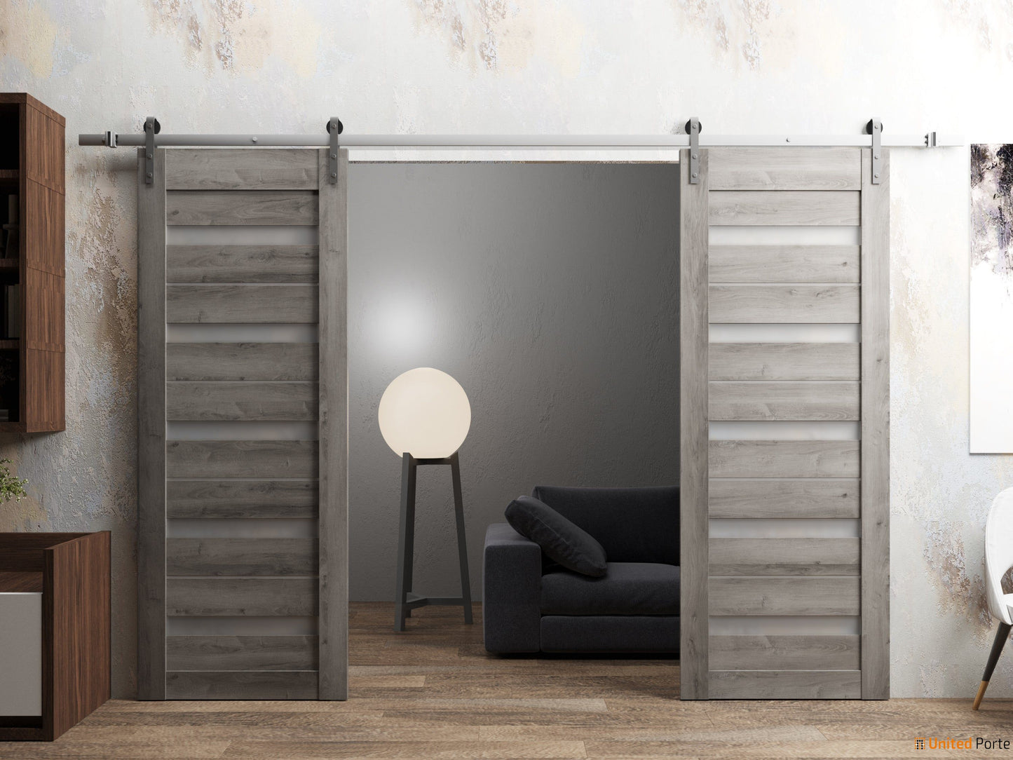 Quadro 4445 Nebraska Grey Double Barn Door with Frosted Glass and Silver Rail