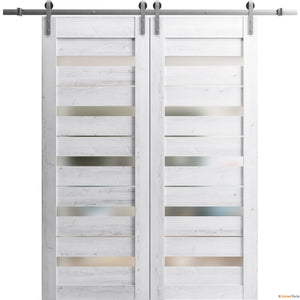 Quadro 4445 Nordic White Double Barn Door with Frosted Glass and Silver Rail