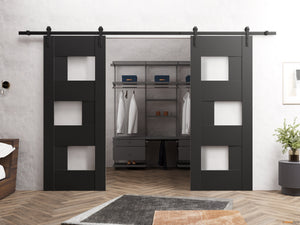 Sete 6933 Matte Black Double Barn Door with Frosted Glass and Black Rail