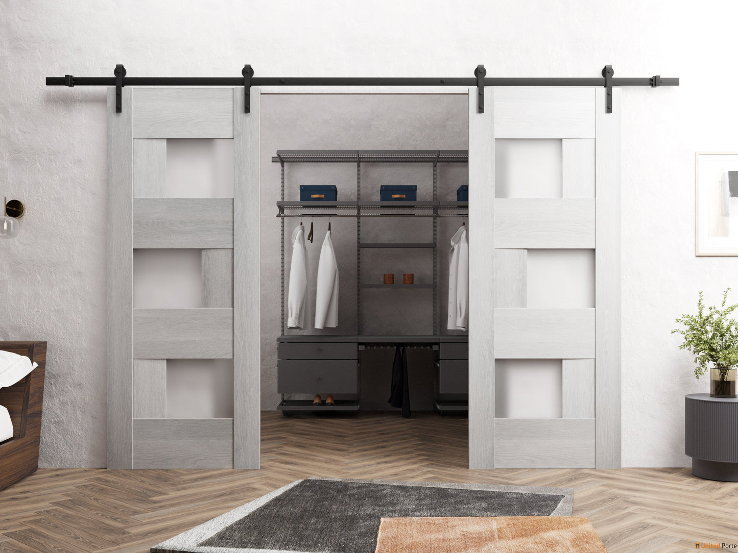 Sete 6933 Light Grey Oak Double Barn Door with Frosted Glass and Black Rail