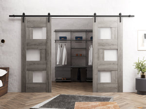 Sete 6933 Nebraska Grey Double Barn Door with Frosted Glass and Black Rail