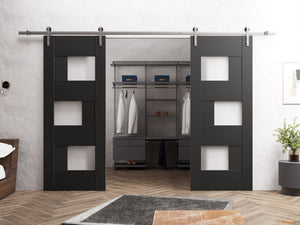 Sete 6933 Matte Black Double Barn Door with Frosted Glass and Silver Rail