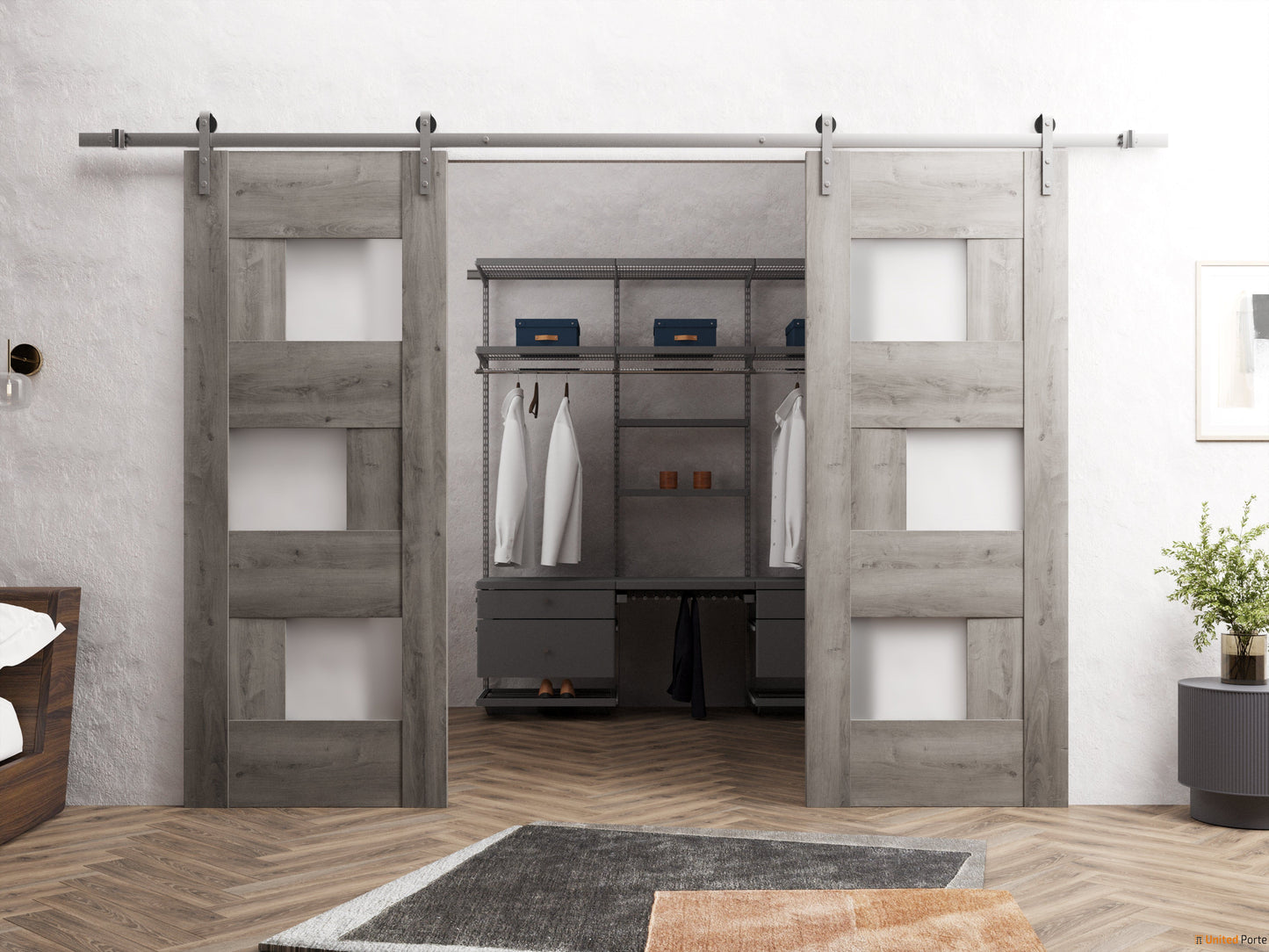 Sete 6933 Nebraska Grey Double Barn Door with Frosted Glass and Silver Rail