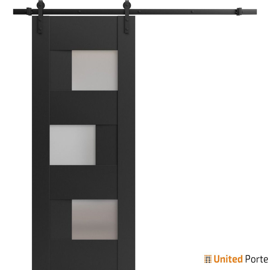 Sete 6933 Matte Black Barn Door with Frosted Glass and Black Rail