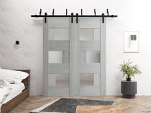 Load image into Gallery viewer, Sete 6933 Light Grey Oak Double Barn Door with Frosted Glass and Black Bypass Rail
