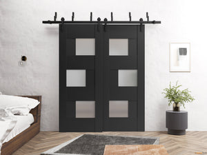 Sete 6933 Matte Black Double Barn Door with Frosted Glass and Black Bypass Rail