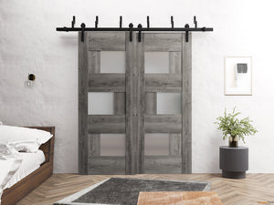 Sete 6933 Nebraska Grey Double Barn Door with Frosted Glass and Black Bypass Rail