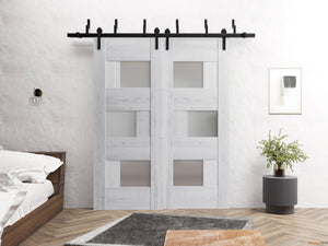 Sete 6933 Nordic White Double Barn Door with Frosted Glass and Black Bypass Rail