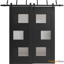 Load image into Gallery viewer, Sete 6933 Matte Black Double Barn Door with Frosted Glass and Black Bypass Rail