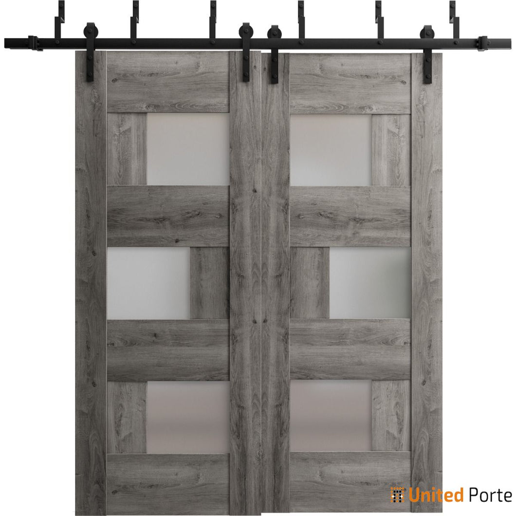 Sete 6933 Nebraska Grey Double Barn Door with Frosted Glass and Black Bypass Rail