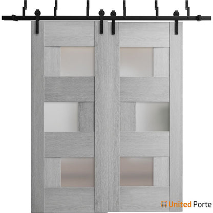 Sete 6933 Light Grey Oak Double Barn Door with Frosted Glass and Black Bypass Rail