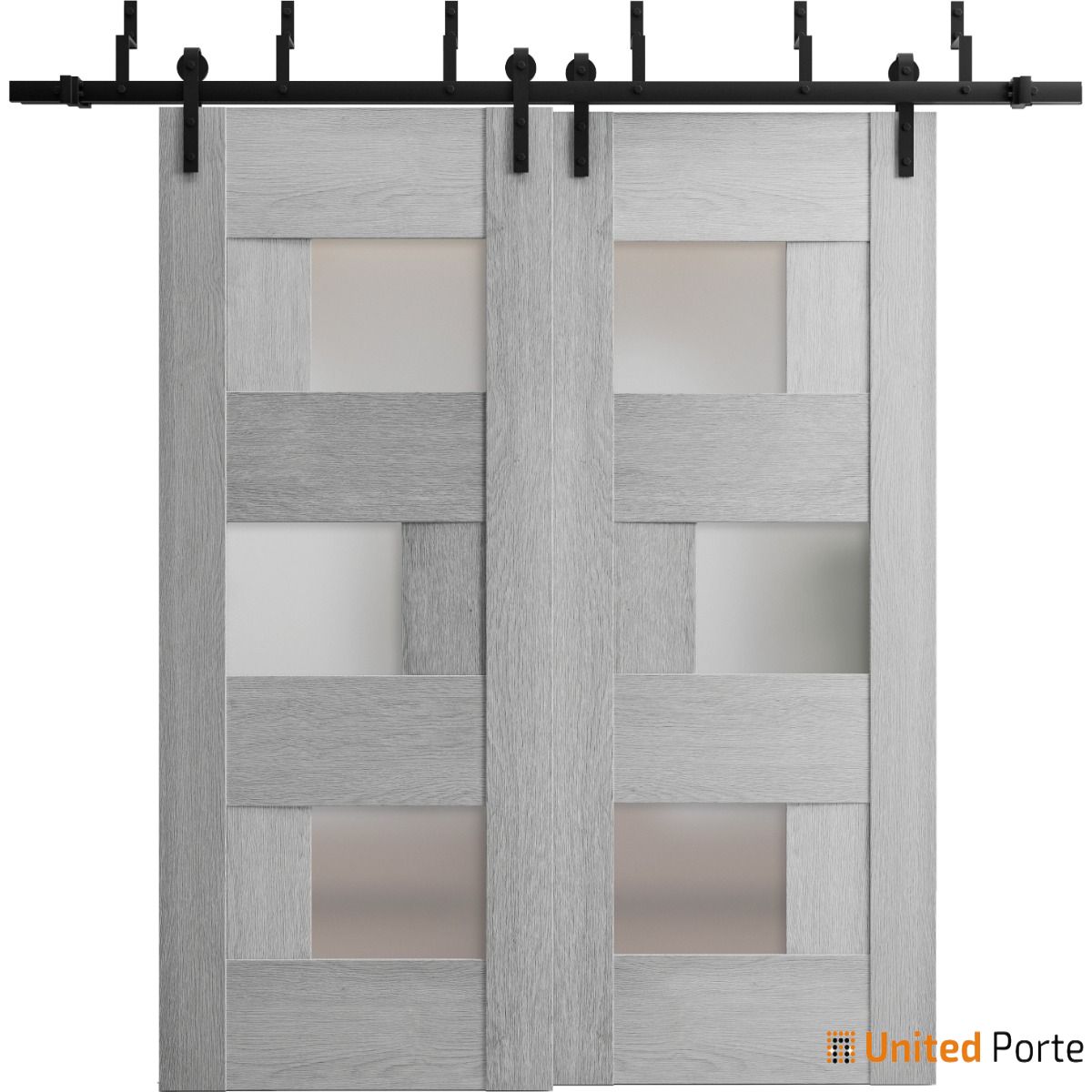 Sete 6933 Light Grey Oak Double Barn Door with Frosted Glass and Black Bypass Rail