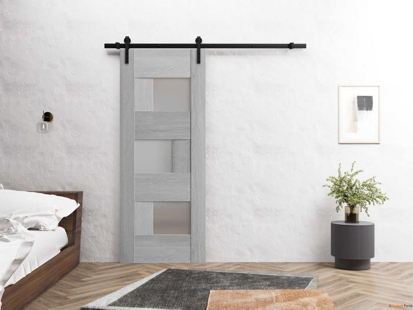Sete 6933 Light Grey Oak Barn Door with Frosted Glass and Black Rail