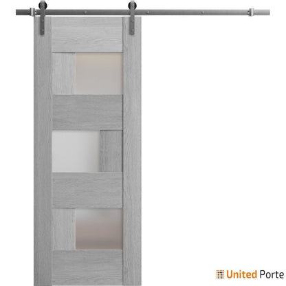Sete 6933 Light Grey Oak Barn Door with Frosted Glass and Silver Rail