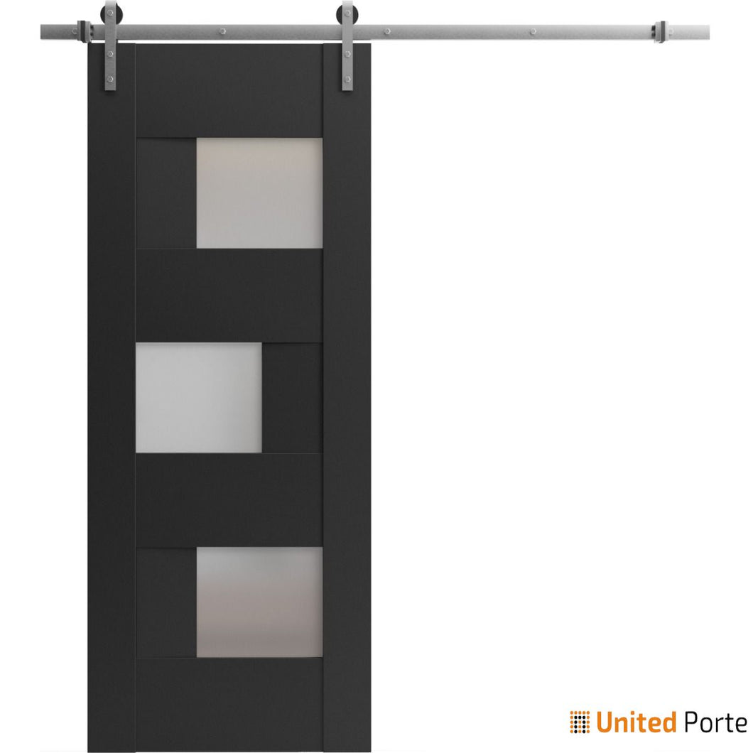 Sete 6933 Matte Black Barn Door with Frosted Glass and Silver Rail