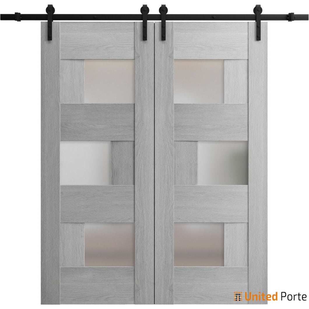 Sete 6933 Light Grey Oak Double Barn Door with Frosted Glass and Black Rail