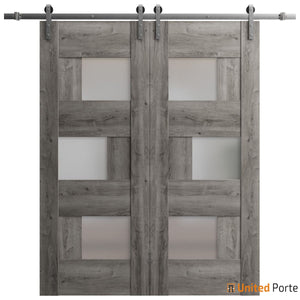 Sete 6933 Nebraska Grey Double Barn Door with Frosted Glass and Silver Rail