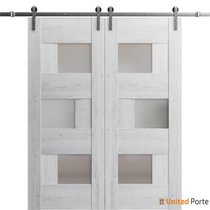 Sete 6933 Nordic White Double Barn Door with Frosted Glass and Silver Rail