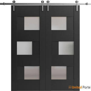 Sete 6933 Matte Black Double Barn Door with Frosted Glass and Silver Rail