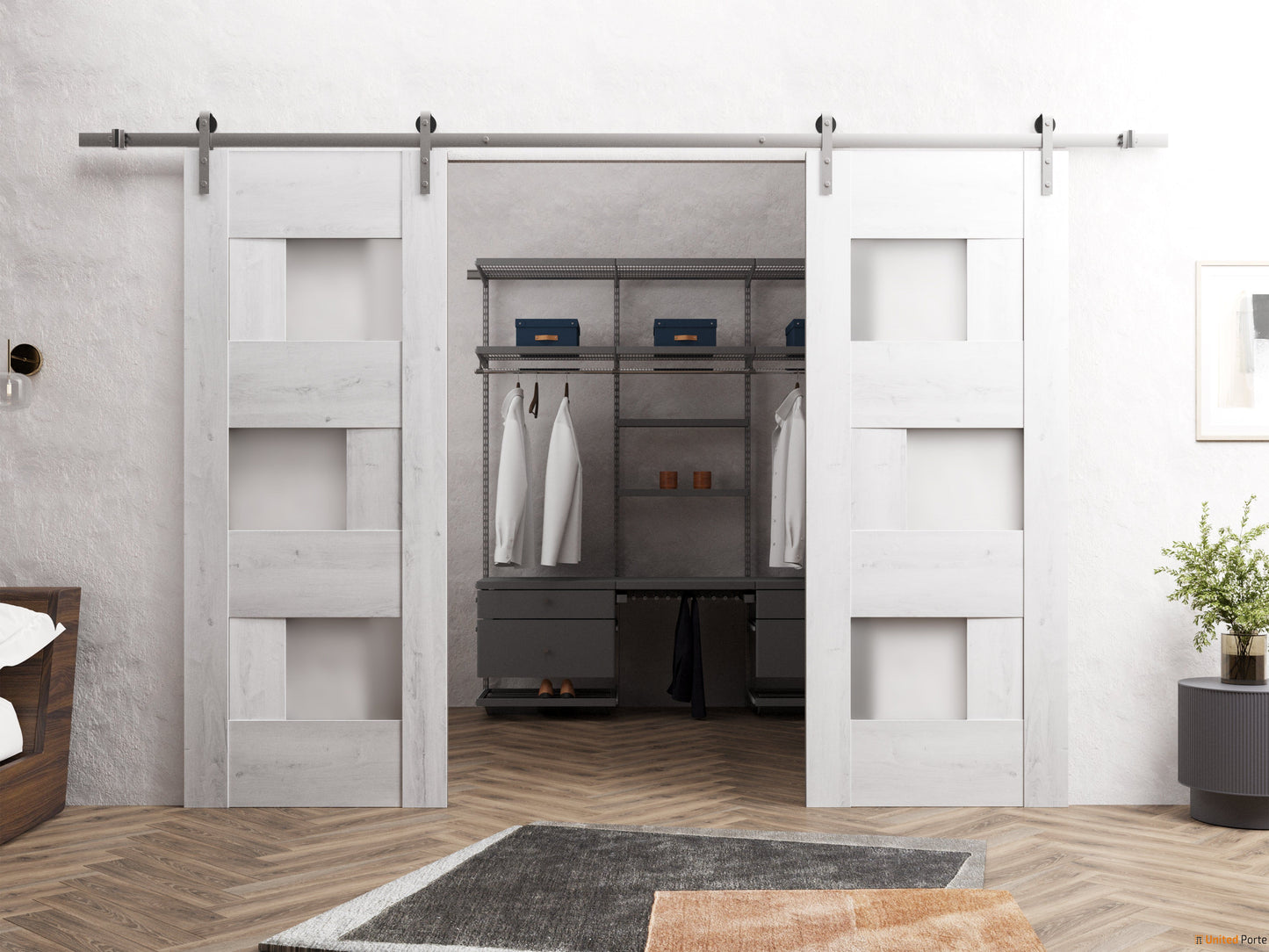 Sete 6933 Nordic White Double Barn Door with Frosted Glass and Silver Rail