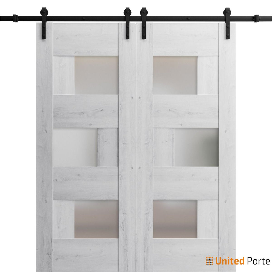 Sete 6933 Nordic White Double Barn Door with Frosted Glass and Black Rail