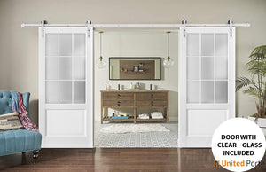 Felicia 3309 Matte White Double Barn Door with Frosted Glass and Silver Rail