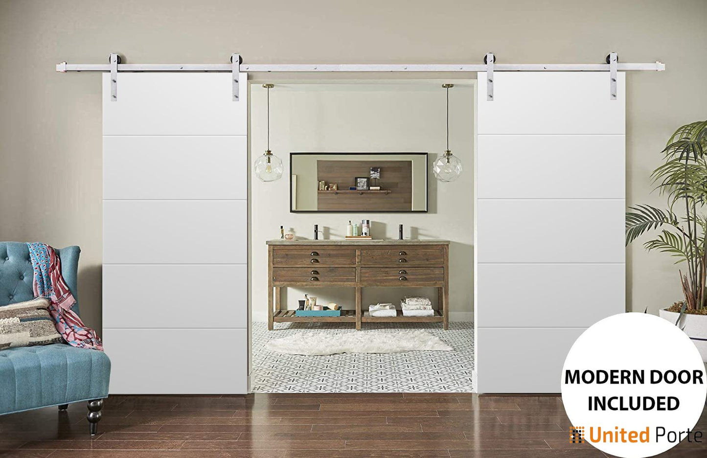 Planum 0770 Painted White Matte Double Barn Door and Silver Rail